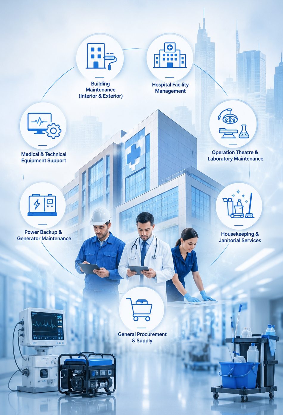 Hospital facility management: maintenance, technical support, housekeeping and procurement