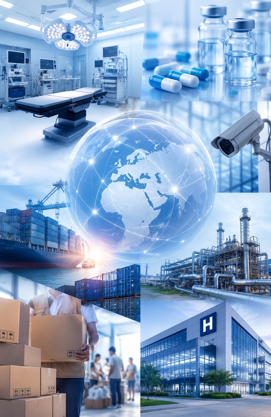 Global shipping, containers, industrial plant and hospital infrastructure