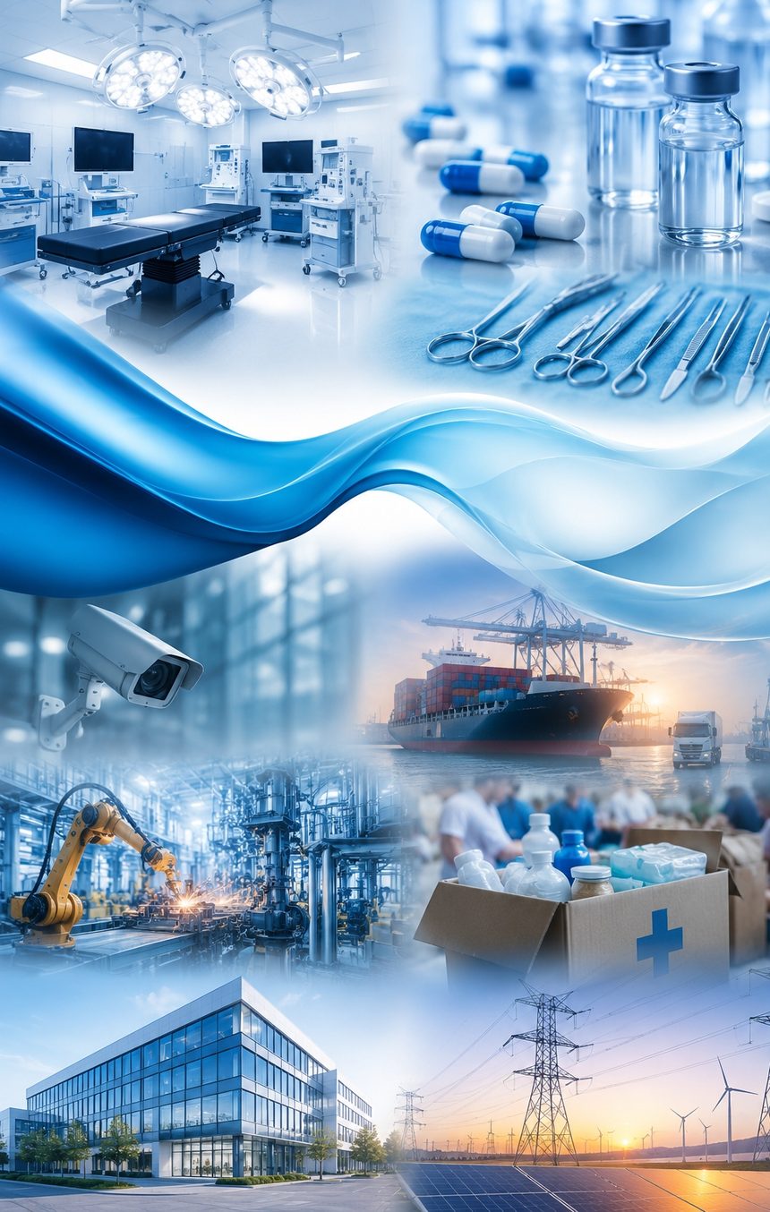 Operating theatre equipment, surgical instruments, shipping, industrial plant, relief supplies and power infrastructure